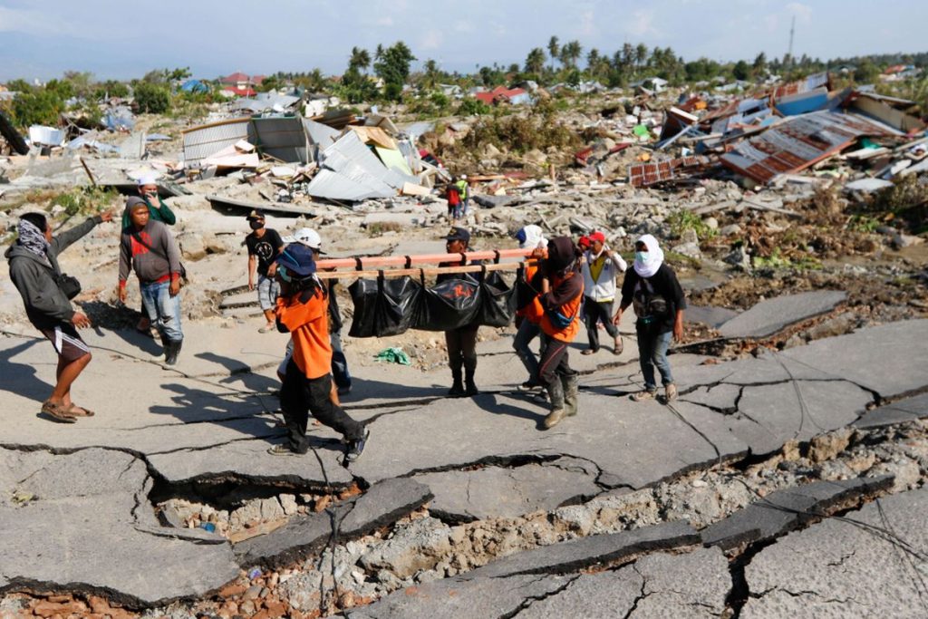 Emergency aid equipment and SAR personnel deployed during the 2018 Palu earthquake and tsunami in Indonesia.