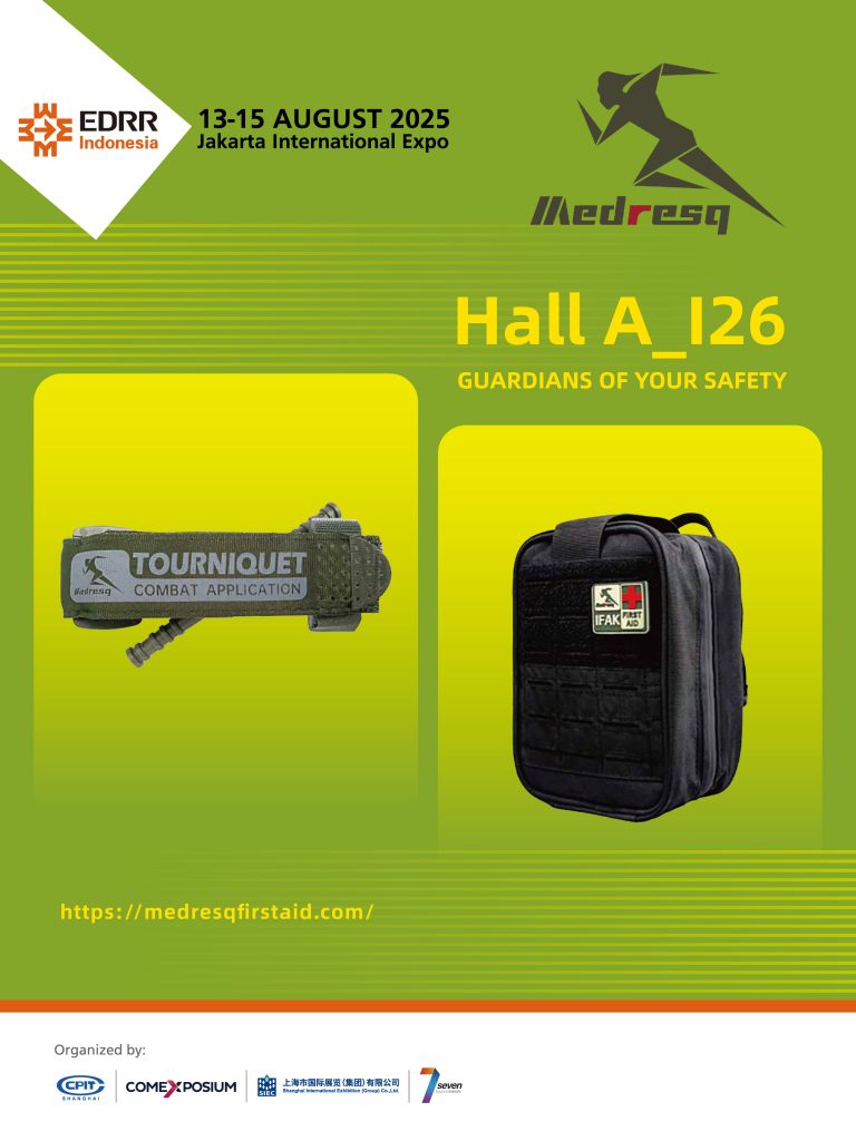 Medresq tactical tourniquet and IFAK trauma kit display at EDRR Indonesia 2025 booth Hall A_126
